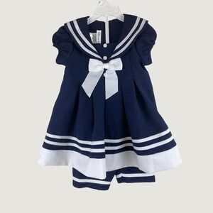 Bonnie Jean Sailor Dress Set Toddler 2T Navy Blue Nautical Bow Stripe Patriotic